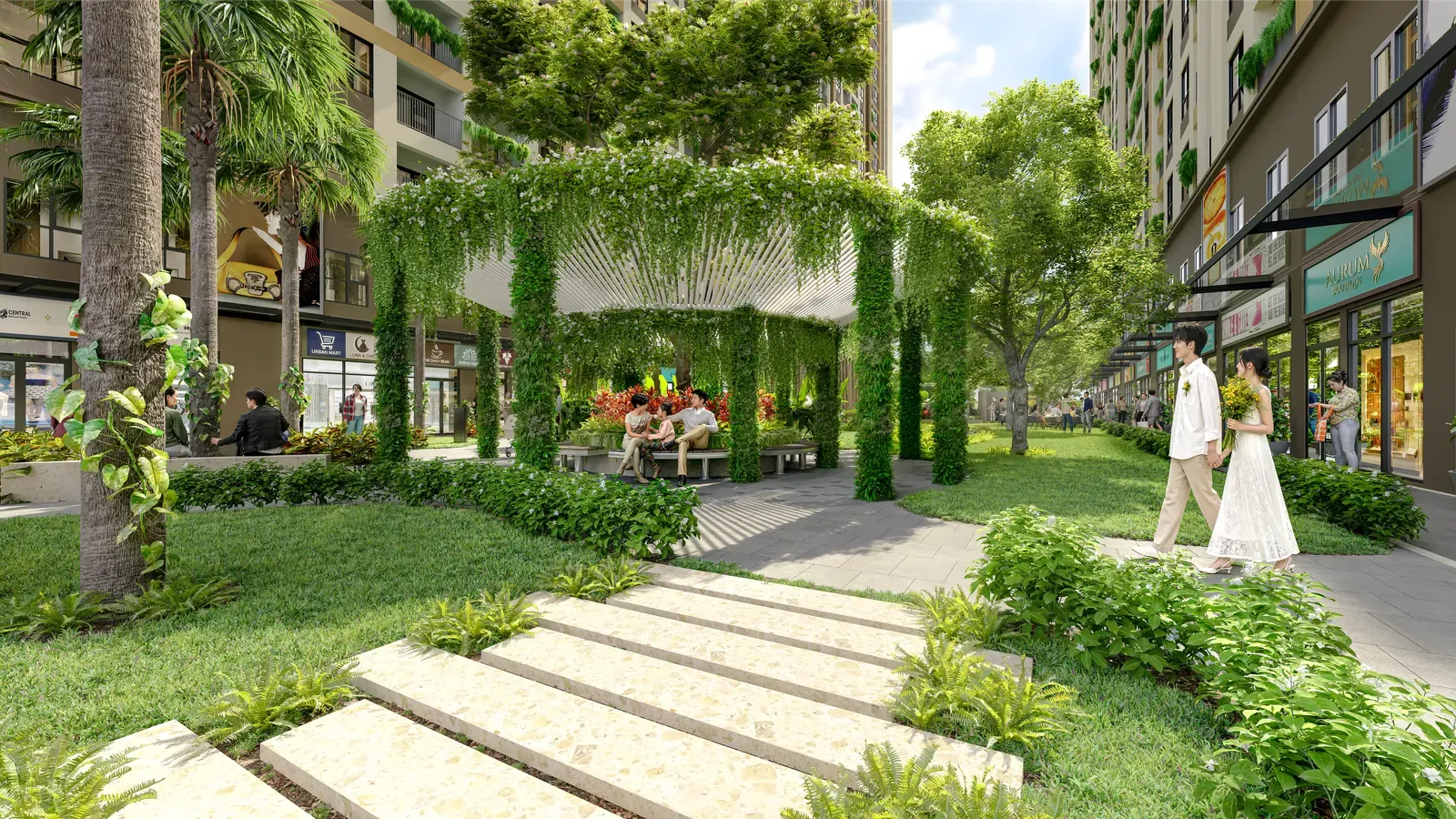 Đường dạo & pavilion nghỉ – phối cảnh tiện ích nội khu Bcons Central Park Tam Hiệp