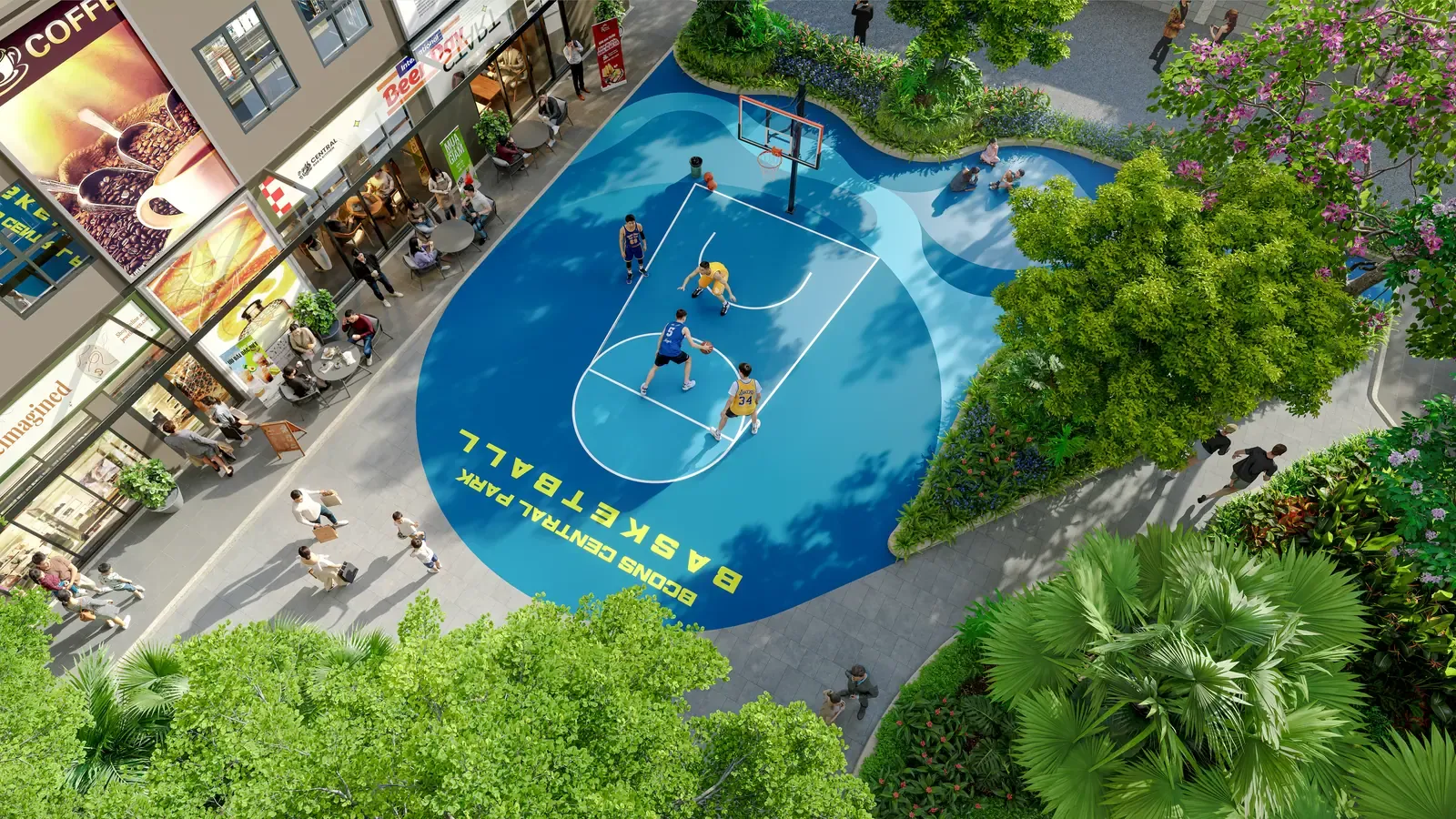 Sân bóng rổ ngoài trời Bcons Central Park Tam Hiệp nhìn từ trên cao, nằm cạnh khối đế shophouse