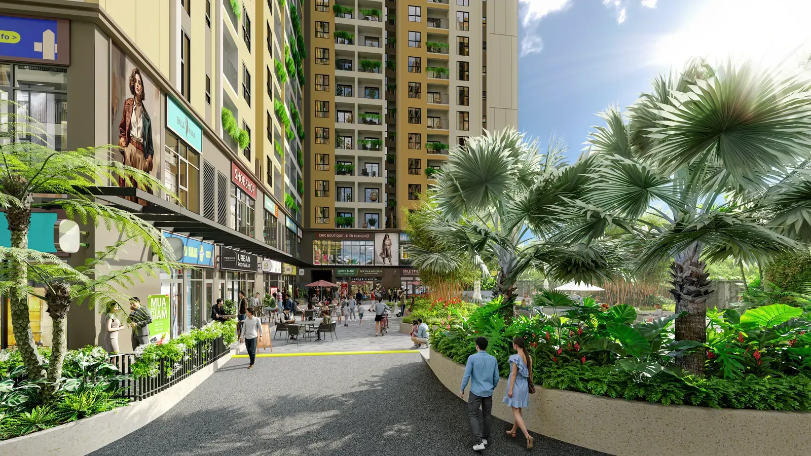 Đường nội bộ dọc khối đế thương mại Bcons Central Park Tam Hiệp, hai bên là shophouse và mảng xanh cảnh quan
