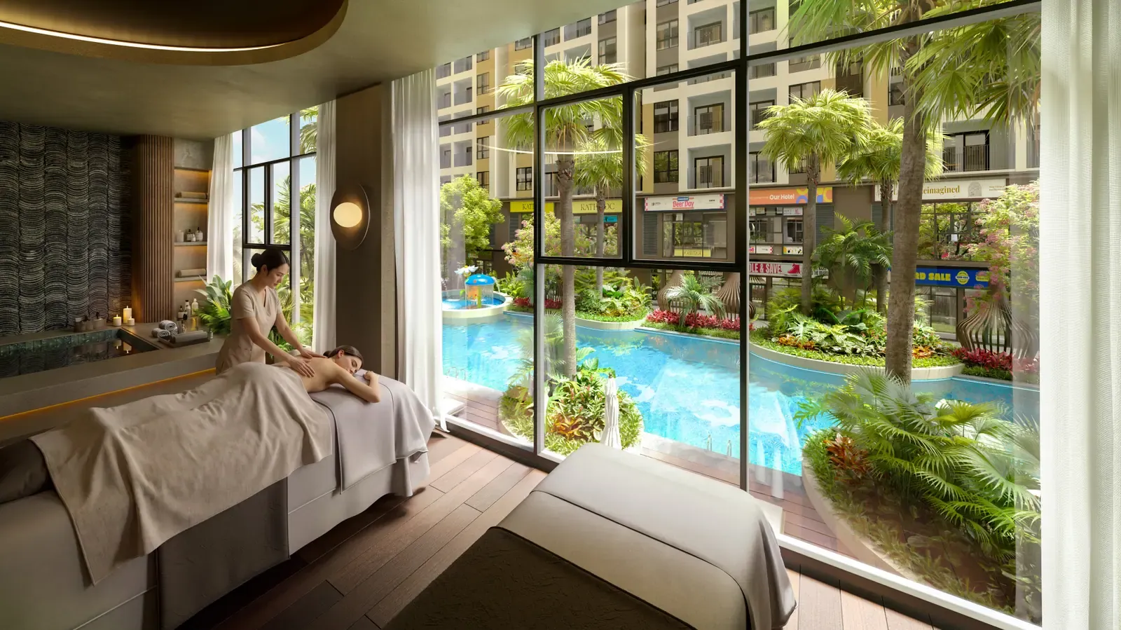 Phòng spa trong khối đế thương mại Bcons Central Park Tam Hiệp với cửa kính nhìn thẳng ra hồ bơi nội khu
