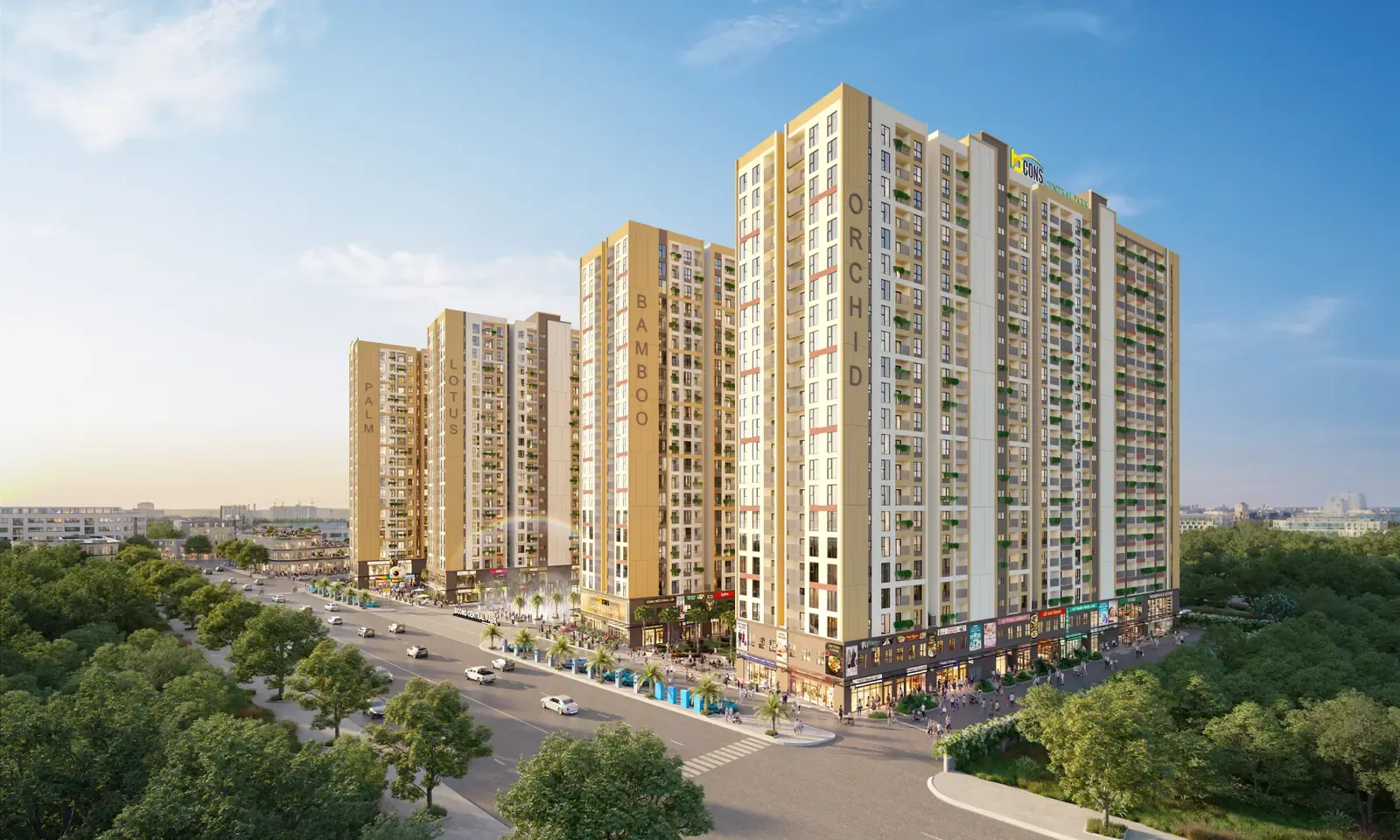 Phối cảnh tổng thể Bcons Central Park Tam Hiệp: 5 block căn hộ và dãy shophouse khối đế nhìn từ trục đường lớn