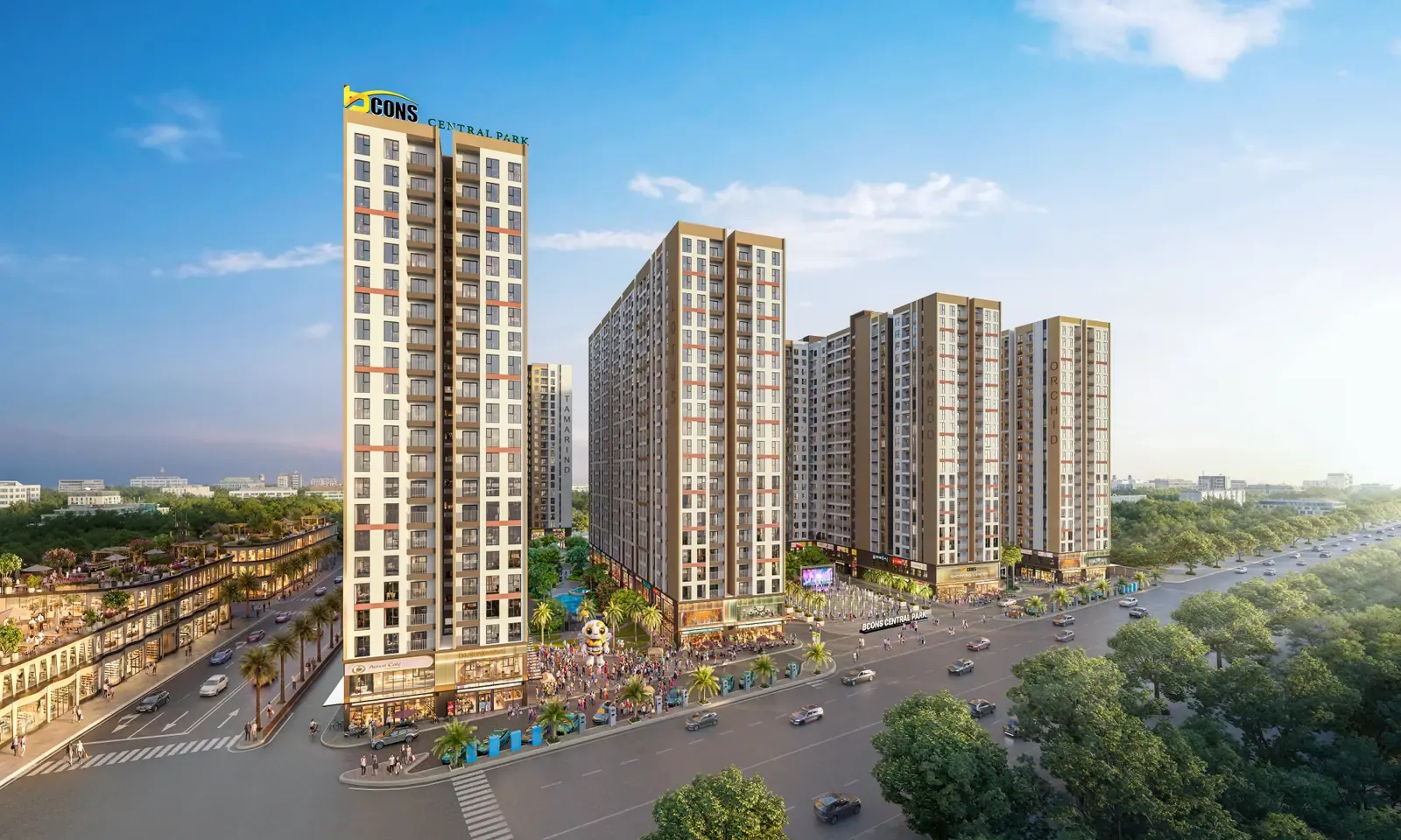 Phối cảnh Bcons Central Park Tam Hiệp nhìn từ trục đường chính: mặt đứng các block căn hộ cao tầng và khối đế thương mại