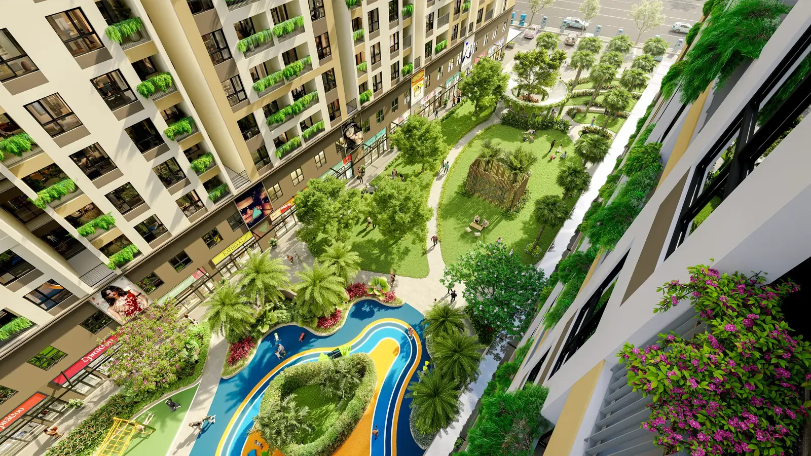 Vườn cảnh quan và khu vui chơi nước giữa hai block căn hộ Bcons Central Park Tam Hiệp