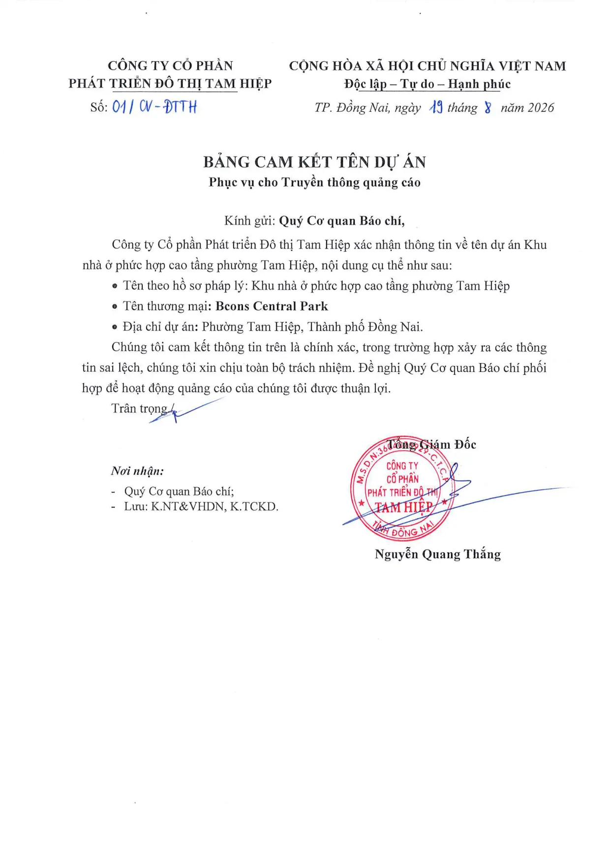 Trang đầu công văn chủ đầu tư số 01/CV-ĐTTH — Bảng cam kết tên dự án, Bcons Central Park Tam Hiệp