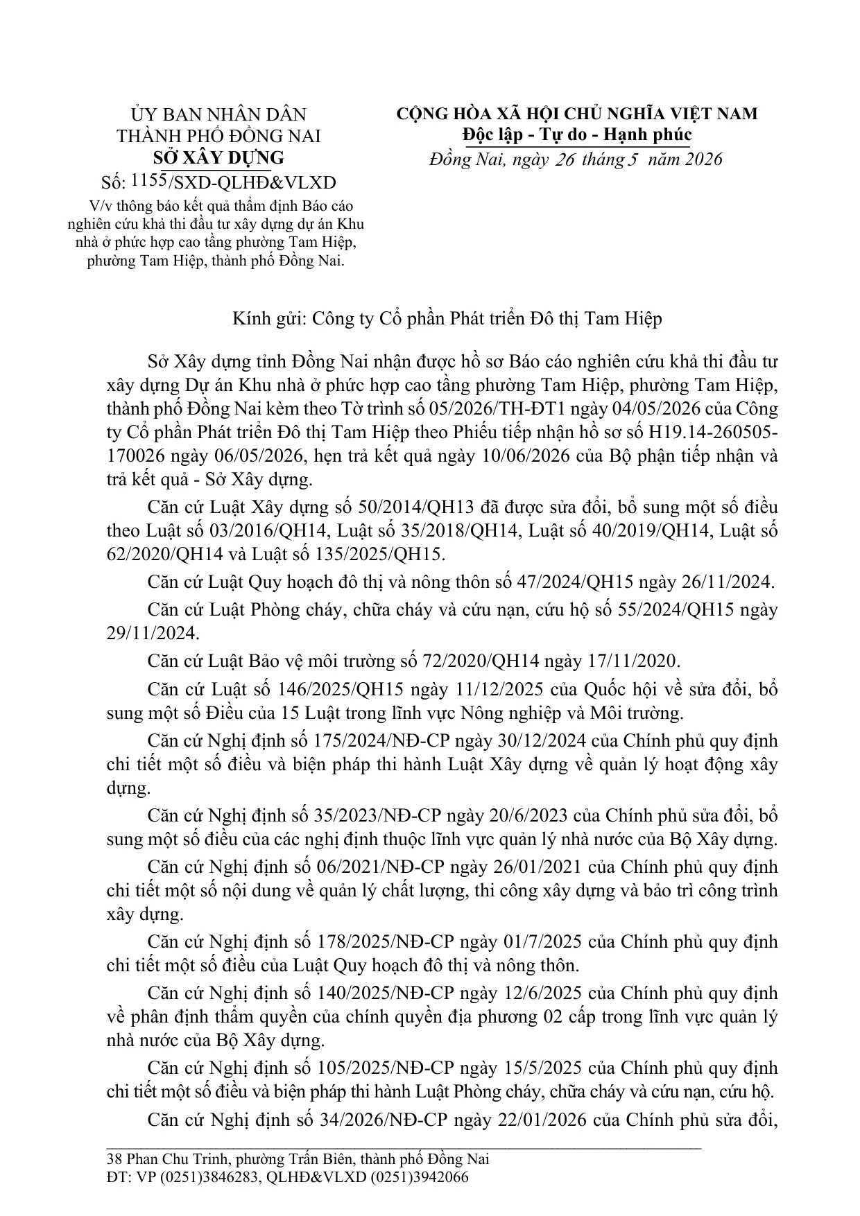 Trang đầu công văn sở xây dựng số 1155/SXD-QLHĐ&VLXD — Thông báo kết quả thẩm định Báo cáo nghiên cứu khả thi, Bcons Central Park Tam Hiệp