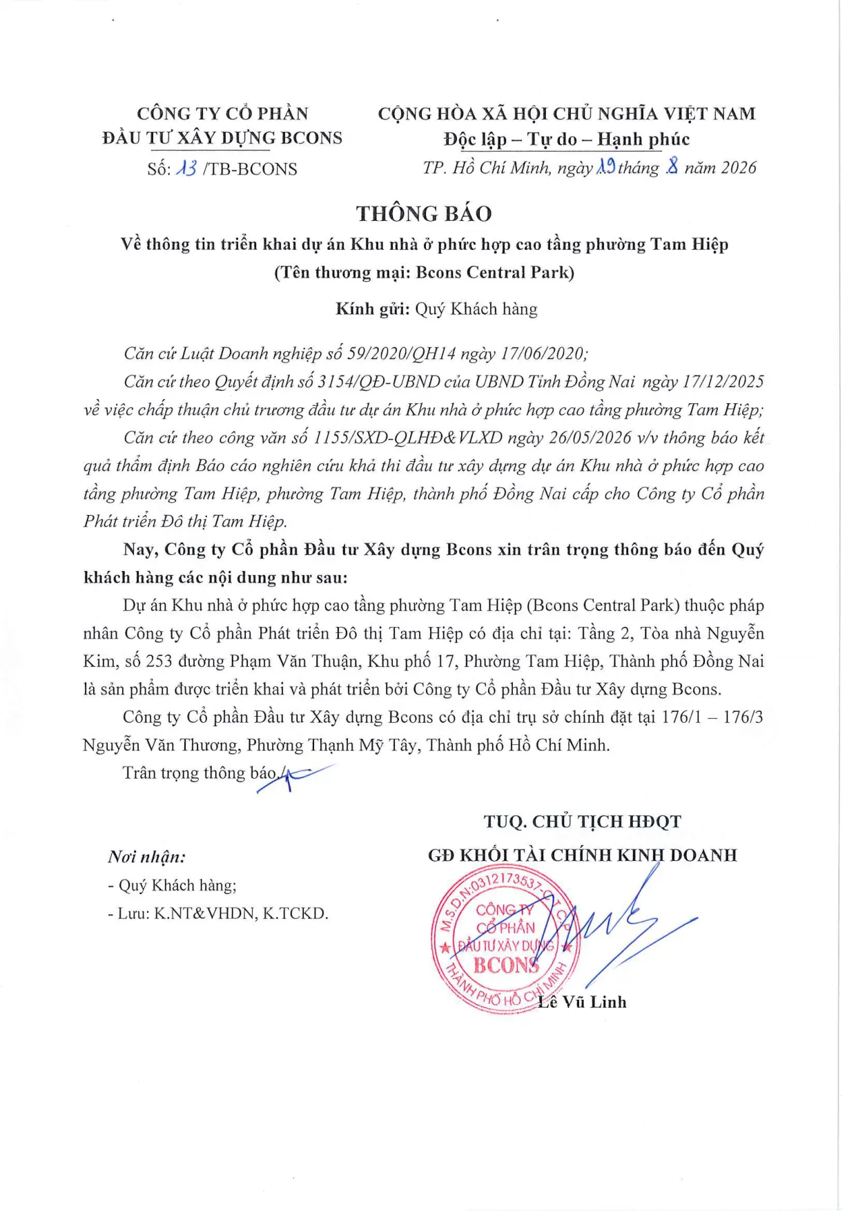 Trang đầu thông báo của bcons số 13/TB-BCONS — Thông báo về thông tin triển khai dự án, Bcons Central Park Tam Hiệp